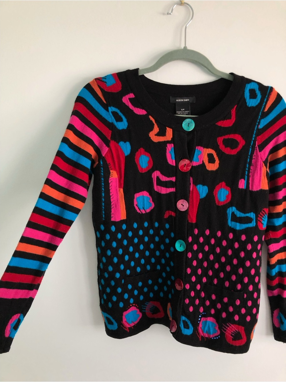 Y2K Abstract Art Teacher Mixed Print Button-Up Cardigan Sweater Size S - Picture 1 of 15